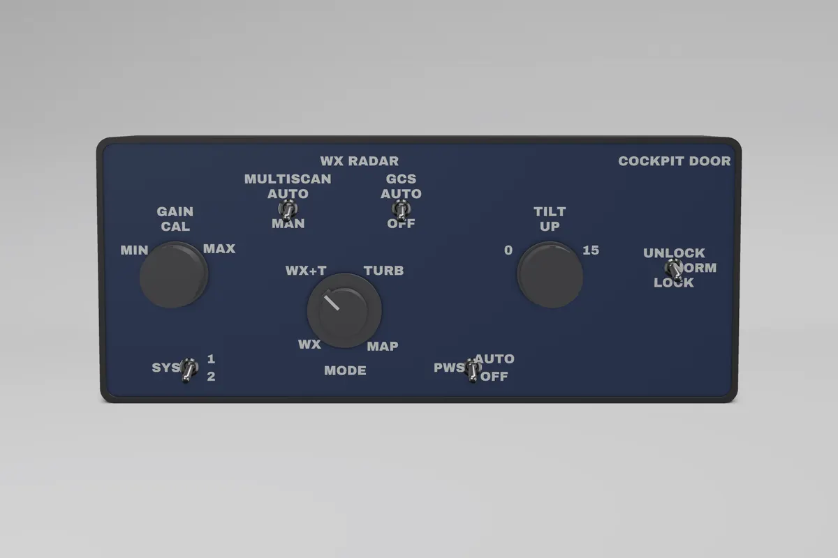 Render of the Glareshield A320 Pedestal: WX RADAR + COCKPIT DOOR