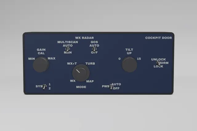 Render of the Glareshield A320 Pedestal: WX RADAR + COCKPIT DOOR